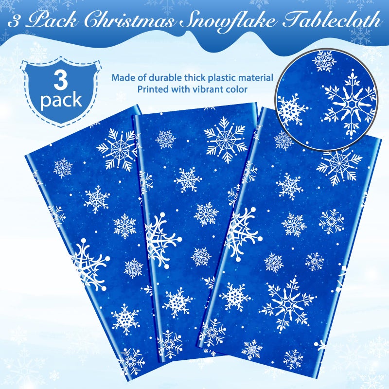 Jectivs 3 Pieces Christmas Snowflake Plastic Party Tablecloth Decorations White Snowflake Blue Xmas Backdrop Sign Table Cover Banner for Winter Christmas Holiday Party Supplies 54x108 inch (Blue) - Image 4